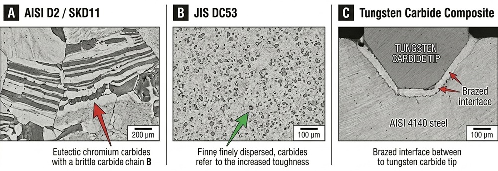  Microstructure comparison showing large banded chromium carbides in AISI D2 tool steel versus fine dispersed carbides in DC53, along with a hardness and impact toughness correlation chart.