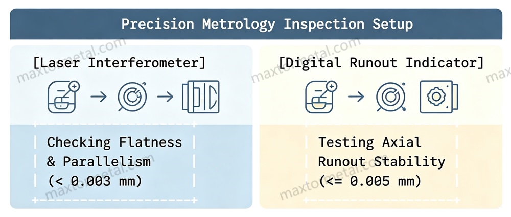 Maxtor Metal precision metrology inspection setup for rotary slitter knives — laser interferometer workflow for flatness and parallelism verification (< 0.003 mm), and digital runout indicator workflow for axial runout stability testing (≤ 0.005 mm)