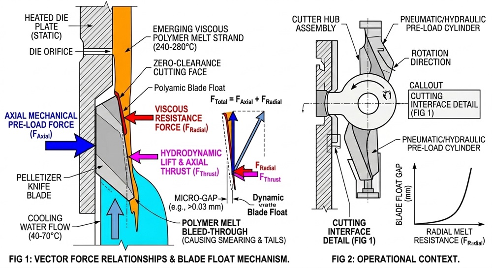 Vector force balance and boundary lubrication analysis of Maxtor Metal pelletizer knives, highlighting the fluid dynamic blade float mechanism when axial pre-load fails to compensate for radial melt resistance