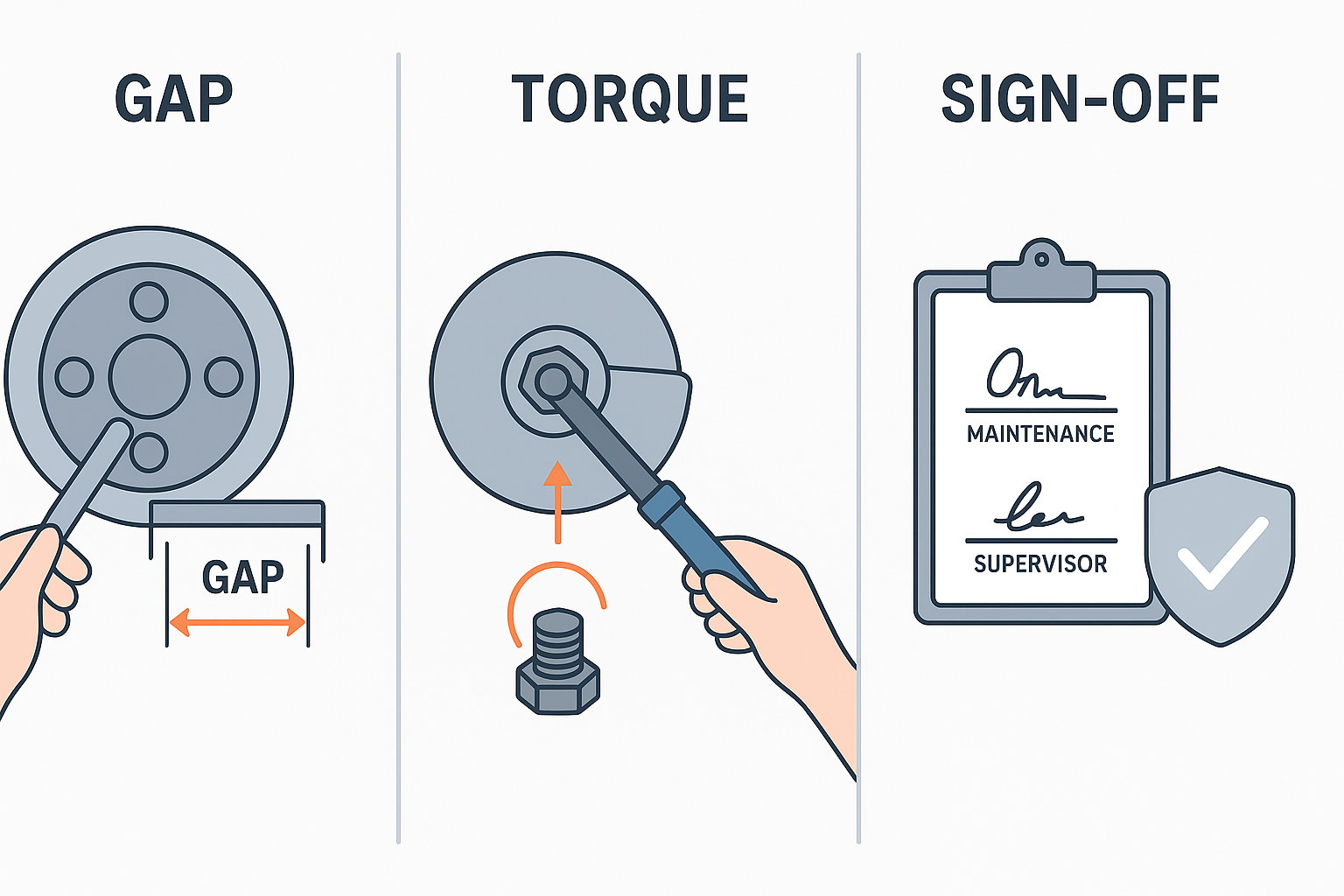 Infographic: verify gap, torque, and sign-off before restart