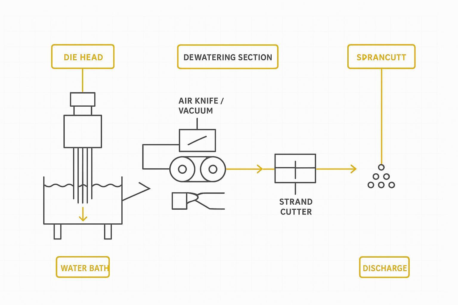 Technical line drawing of a water‑strand pelletising line highlighting die, bath, dewatering and cutter in MAXTOR METAL colours.