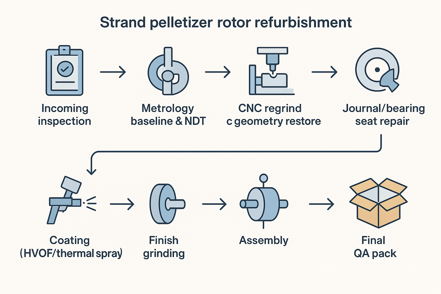 Infographic: stepwise pelletizer rotor refurbishment workflow from incoming inspection through ISO 21940 dynamic balancing