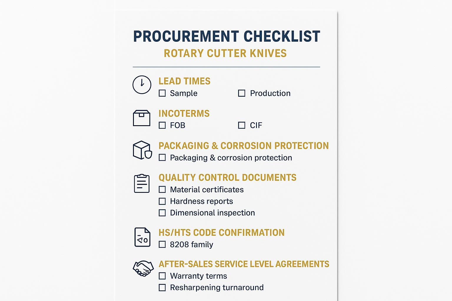 Sourcing checklist for rotary cutter knives covering lead times, Incoterms, QC docs, HS codes, and after-sales SLAs