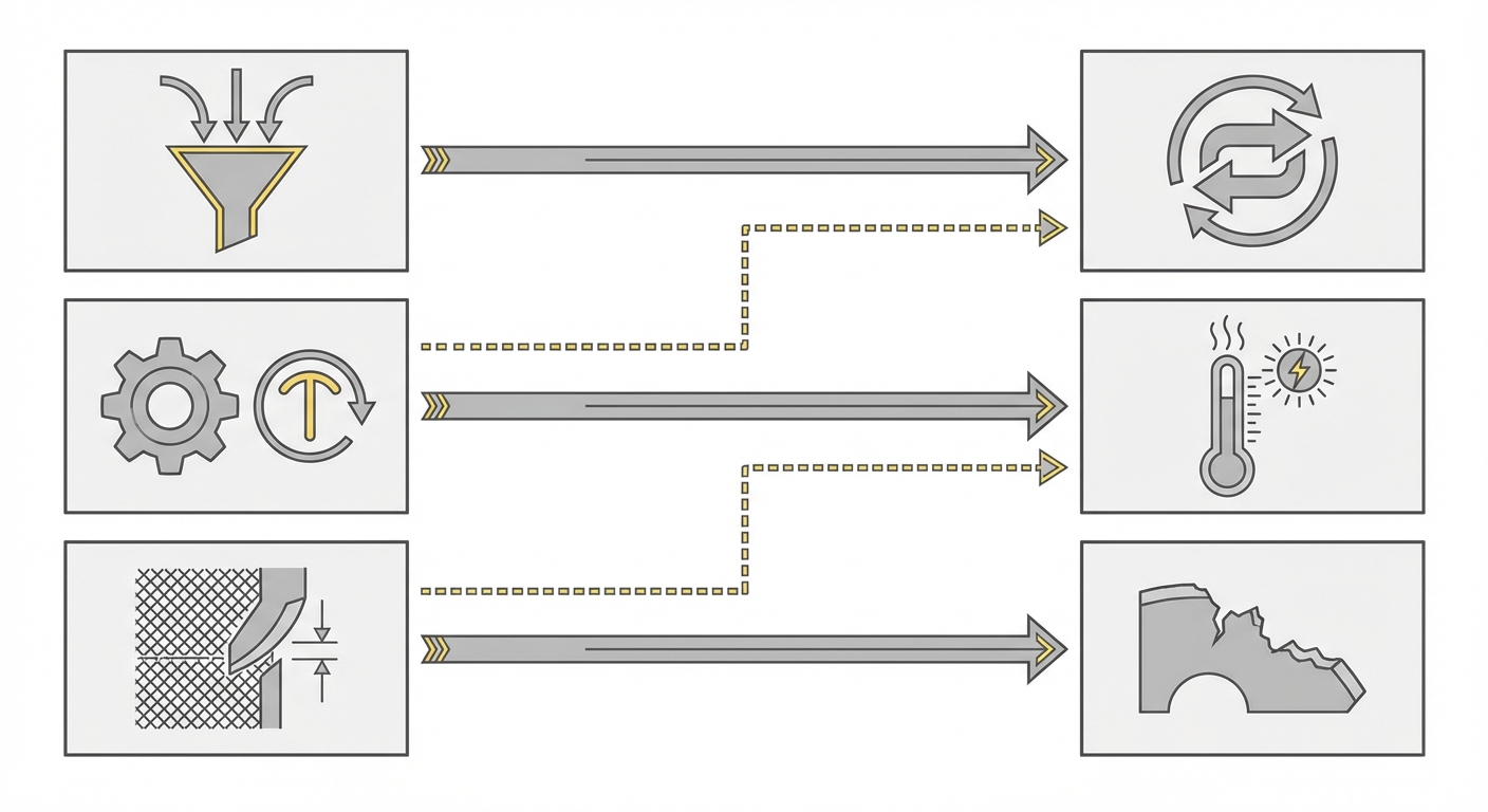 Infographic showing how shredder setup variables drive reverse cycles, heat, and edge wear (clean technical illustration)
