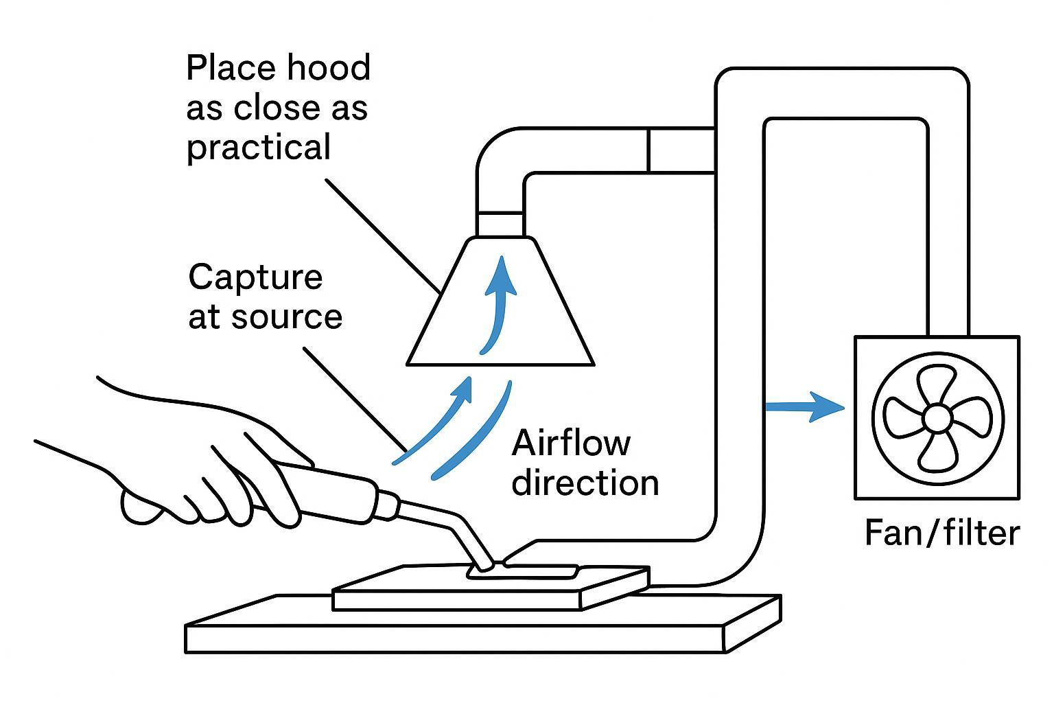 Local exhaust ventilation schematic for hot-knife trimming with airflow arrows