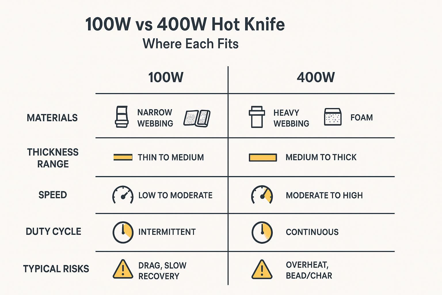 Infographic: side-by-side 100W vs 400W comparison of materials, thickness, speed, and duty cycle