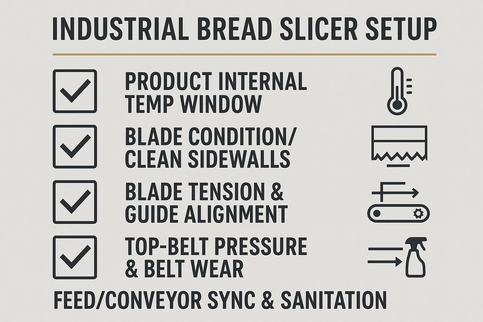 A five-point bread slicer setup checklist graphic highlighting setpoints and inspection cues