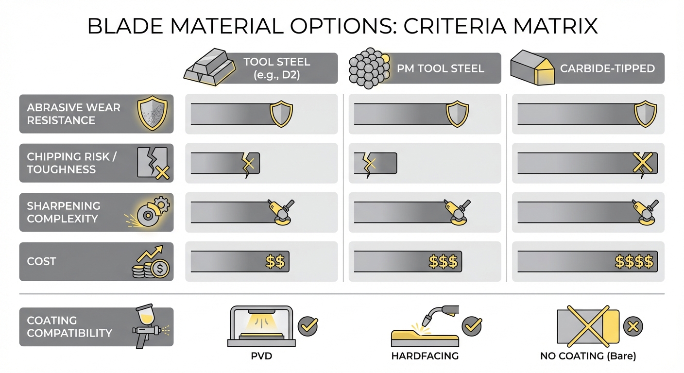 Comparison chart of blade material/coating options for abrasive streams (clean technical illustration)