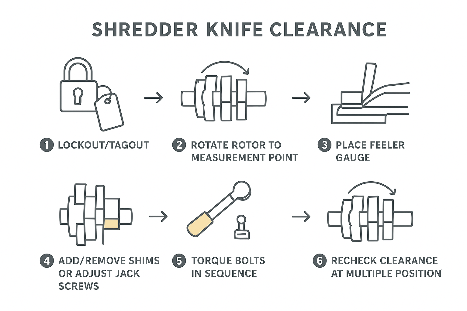 Infographic showing feeler gauge placement, shim adjustment, and torque sequence for setting shredder knife clearance