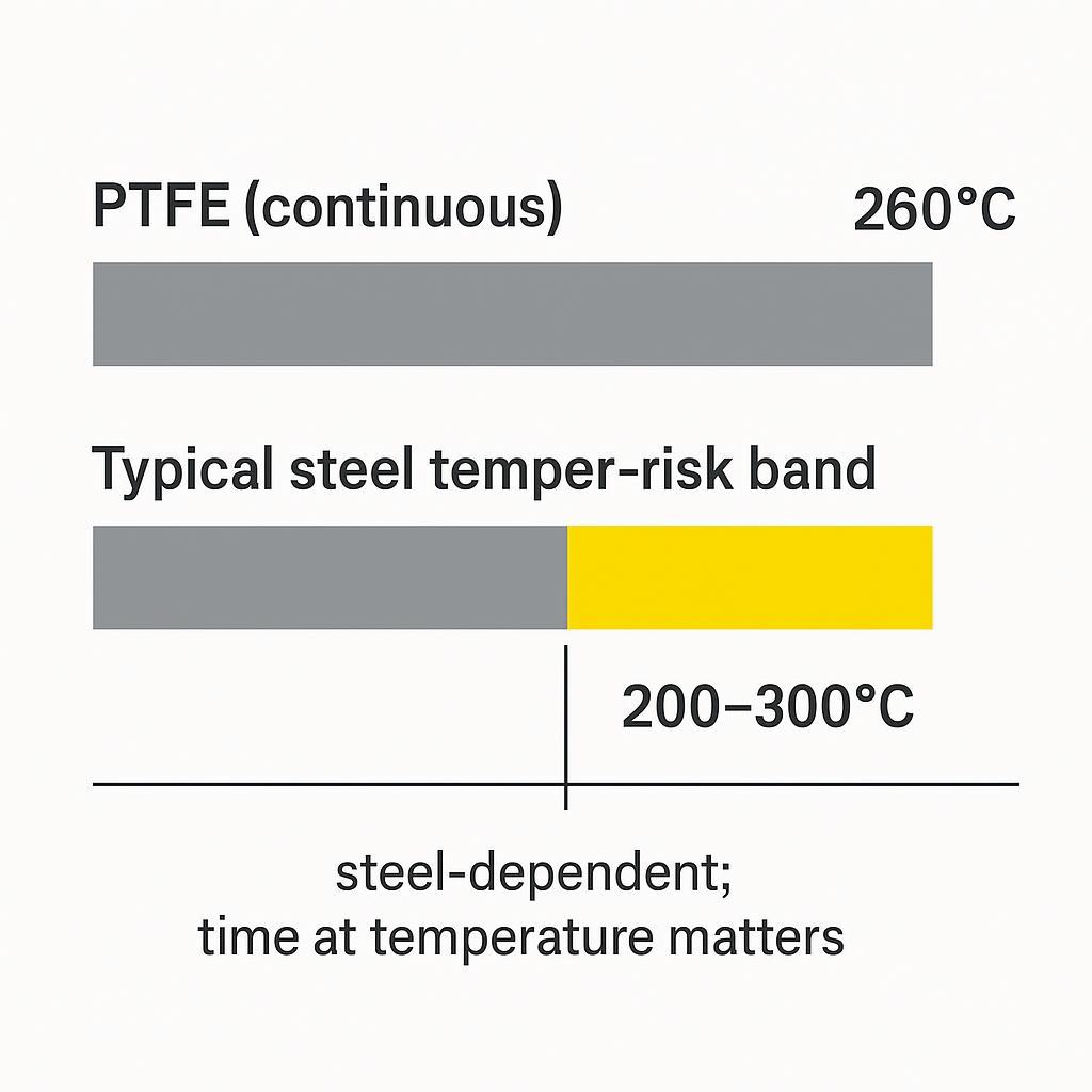 Chart: PTFE continuous ~260°C and typical steel temper-risk band ~200–300°C