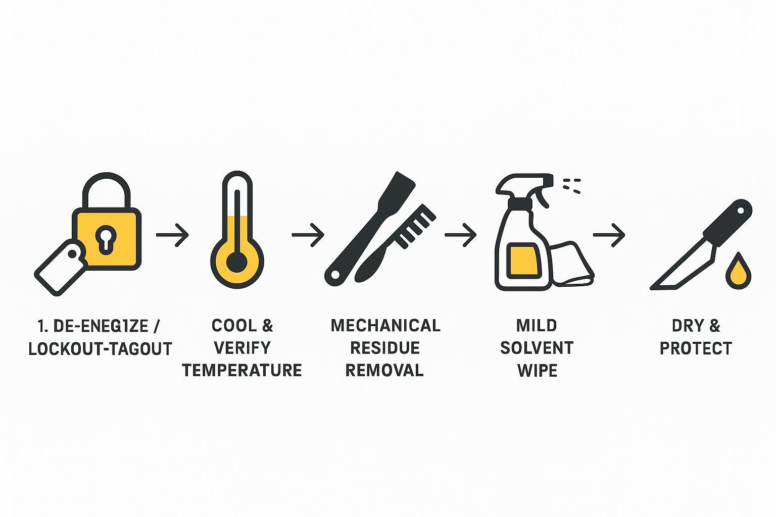 Infographic: five-step SOP flow for cleaning hot knife blades—de-energize, cool, mechanical removal, mild solvent, dry and protect
