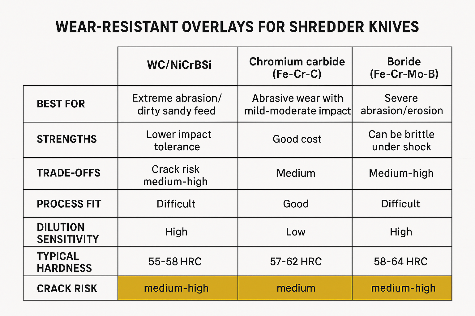 Infographic comparing WC/NiCrBSi, chromium carbide, and boride overlays with process and dilution notes
