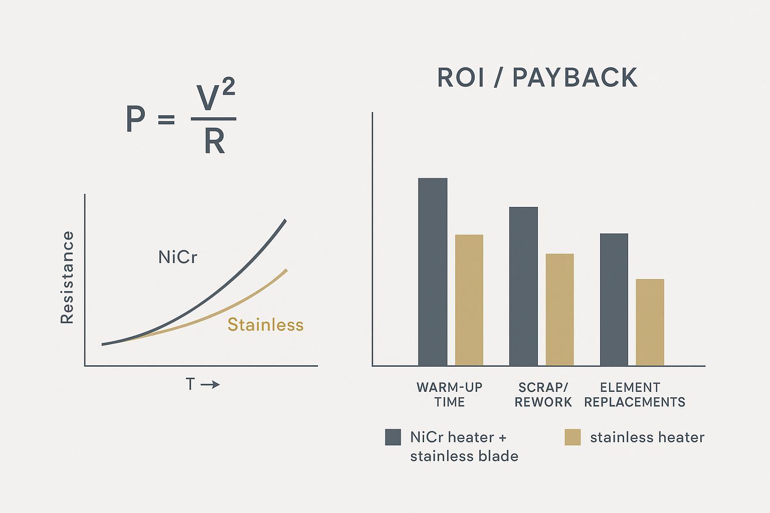 Chart showing P=V^2/R, TCR curves for NiCr vs stainless, and a sample ROI/payback comparison between NiCr heater and stainless heater