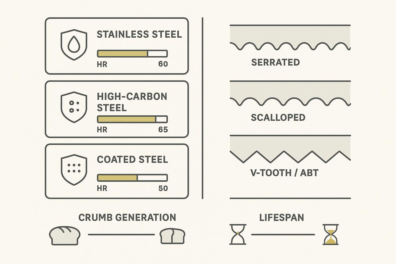 Infographic — diagram comparing blade steels, hardness, and serration profiles vs crumb generation and lifespan