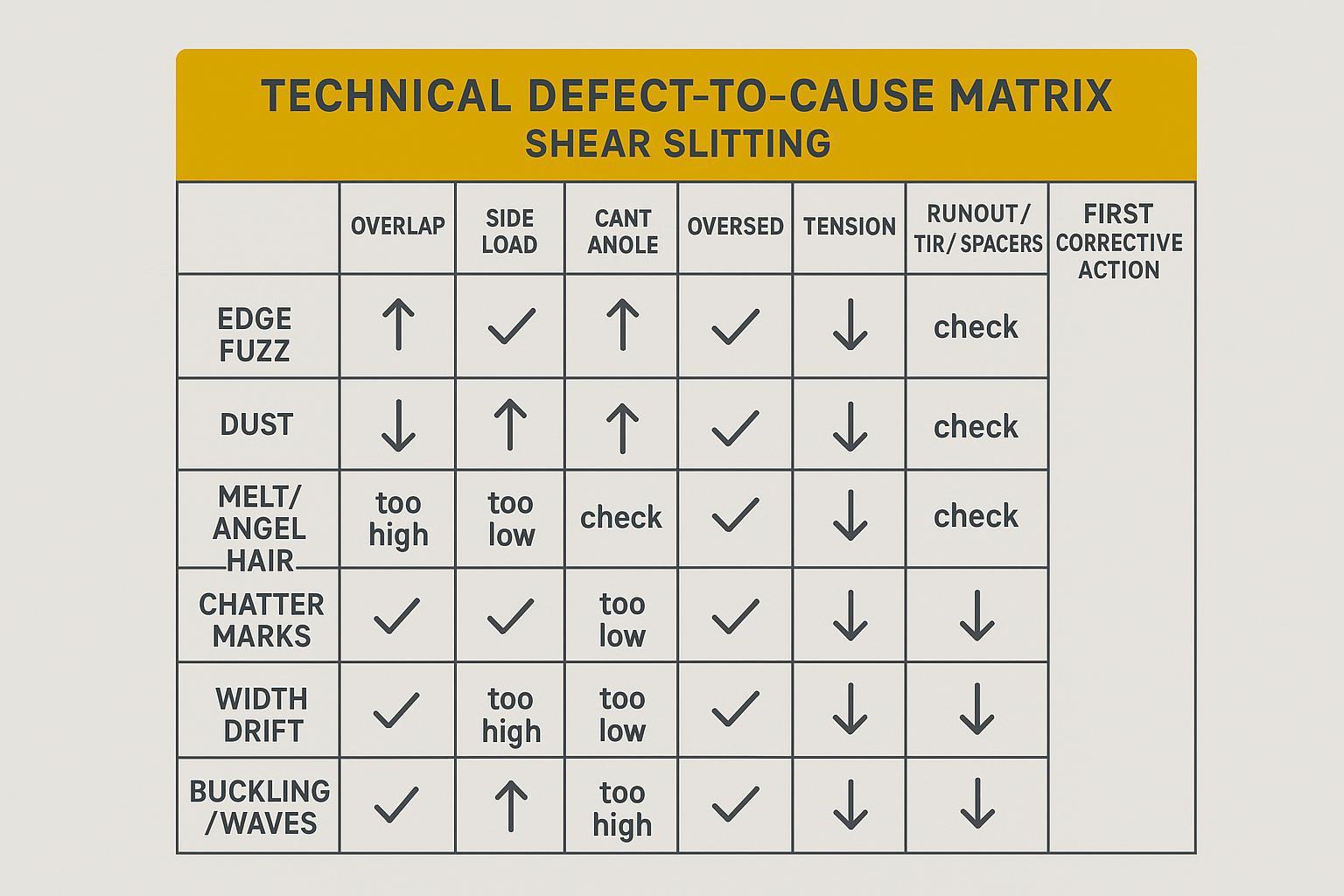 Defect-to-cause chart: matrix linking edge defects to overlap, side load, cant, overspeed, tension, and runout/TIR with first corrective actions