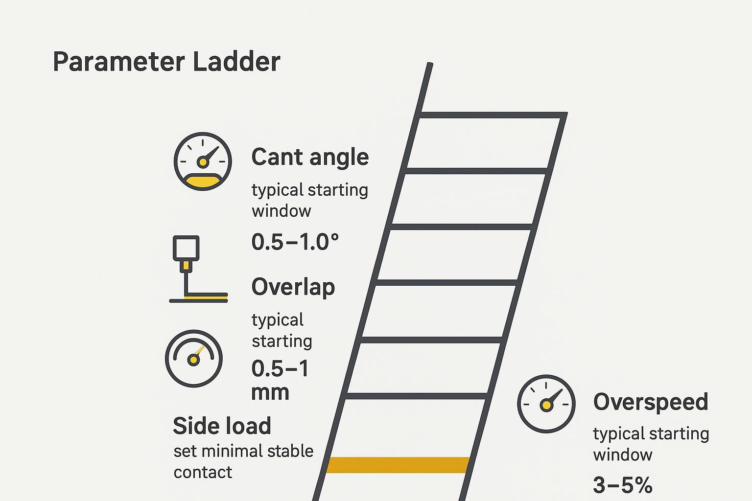 Infographic: parameter ladder for shear slitting setup (cant, overlap, side load, overspeed) with typical starting windows and gauges