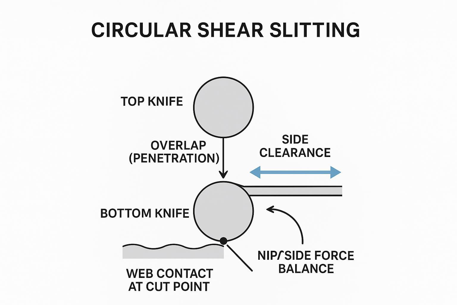 Instructional infographic: knife overlap/clearance, nip balance, and web contact at cut point