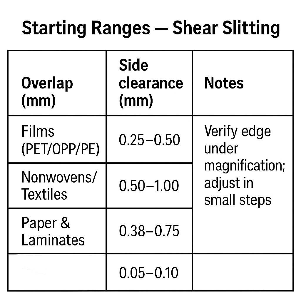 Compact table: starting ranges for overlap and clearance by material class