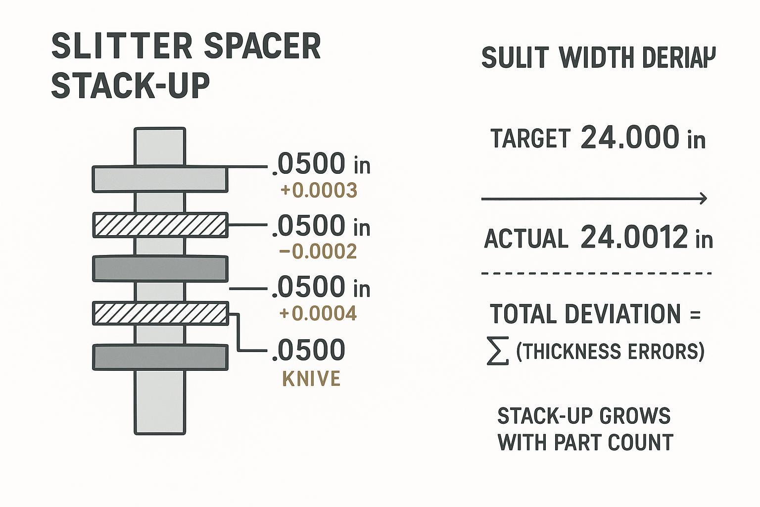 Spacer thickness tolerance stack-up diagram showing how small errors accumulate into slit width deviation