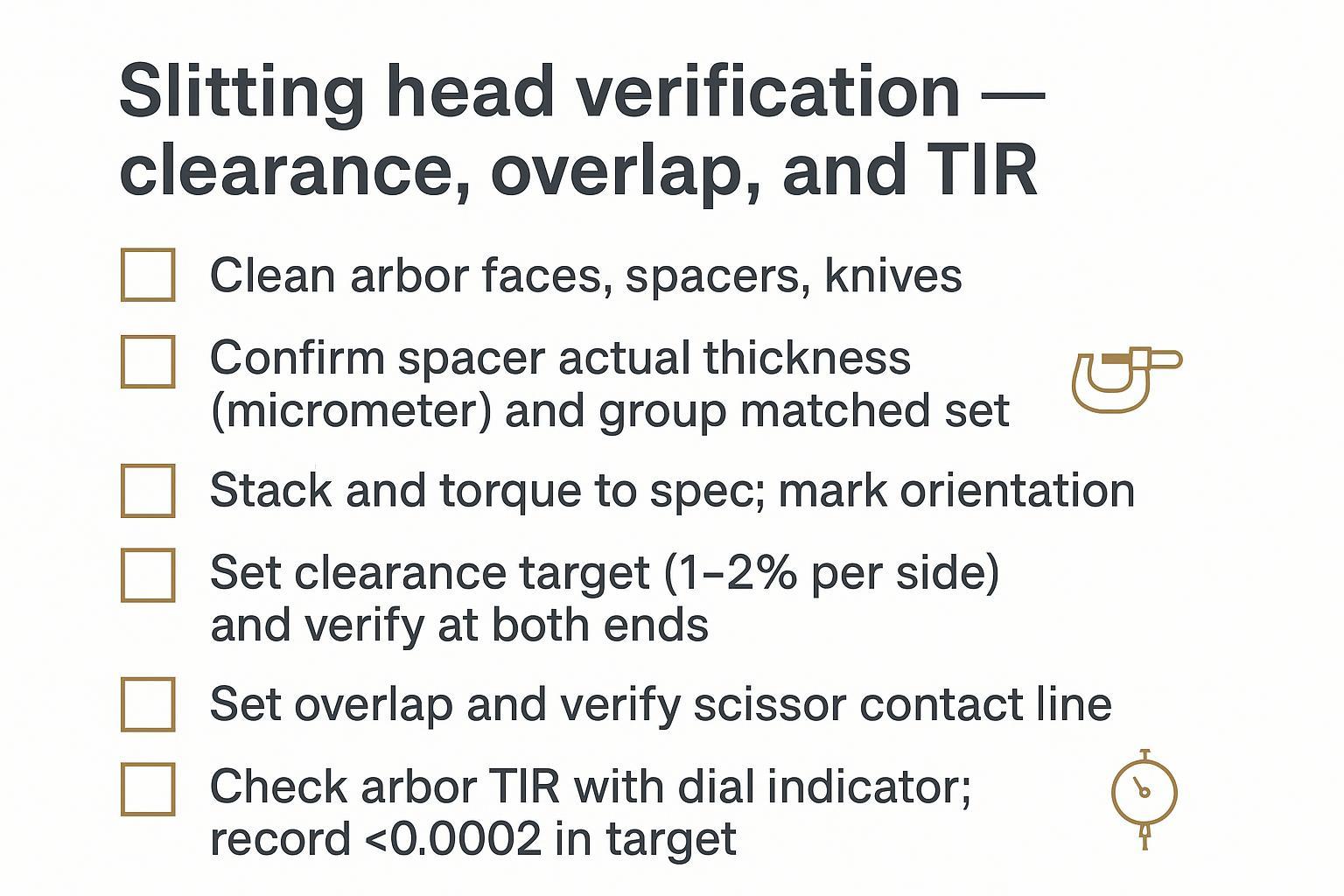 Checklist for gauging clearance, overlap, and verifying arbor TIR during slitting head setup