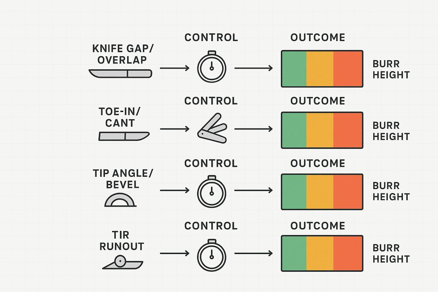 Infographic: a matrix of slitting parameters mapped to burr height and knife life