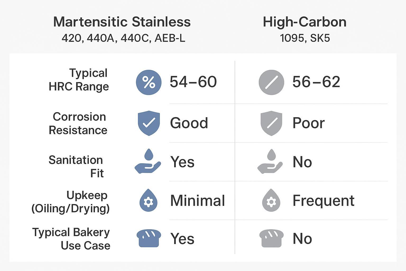 Infographic chart comparing martensitic stainless (420/440A/440C/AEB-L) vs high carbon (1095/SK5) across hardness, corrosion, upkeep, typical use, to visualize trade-offs