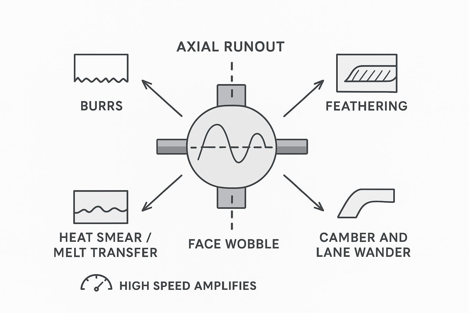 Diagram linking axial runout (face wobble) to burrs, feathering, heat smear, and camber/lane wander—showing how high speed amplifies each effect.
