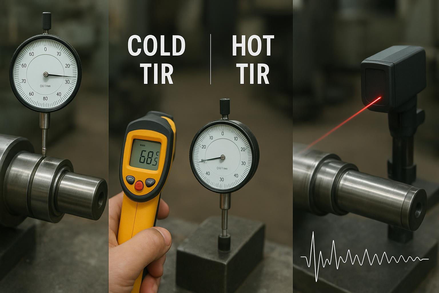 Step-by-step dial indicator checks on an arbor face, including cold vs hot TIR comparison and a dynamic wobble probe example.