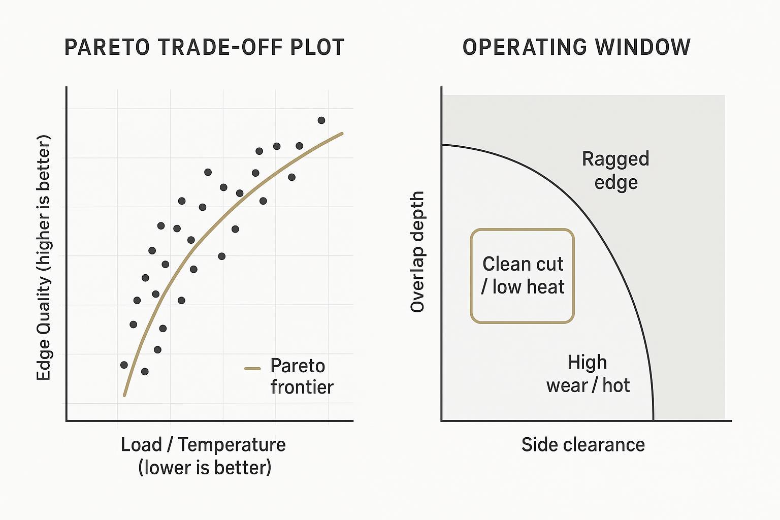 Infographic showing a Pareto plot and operating window map balancing edge quality vs load/temperature across overlap depth and clearance