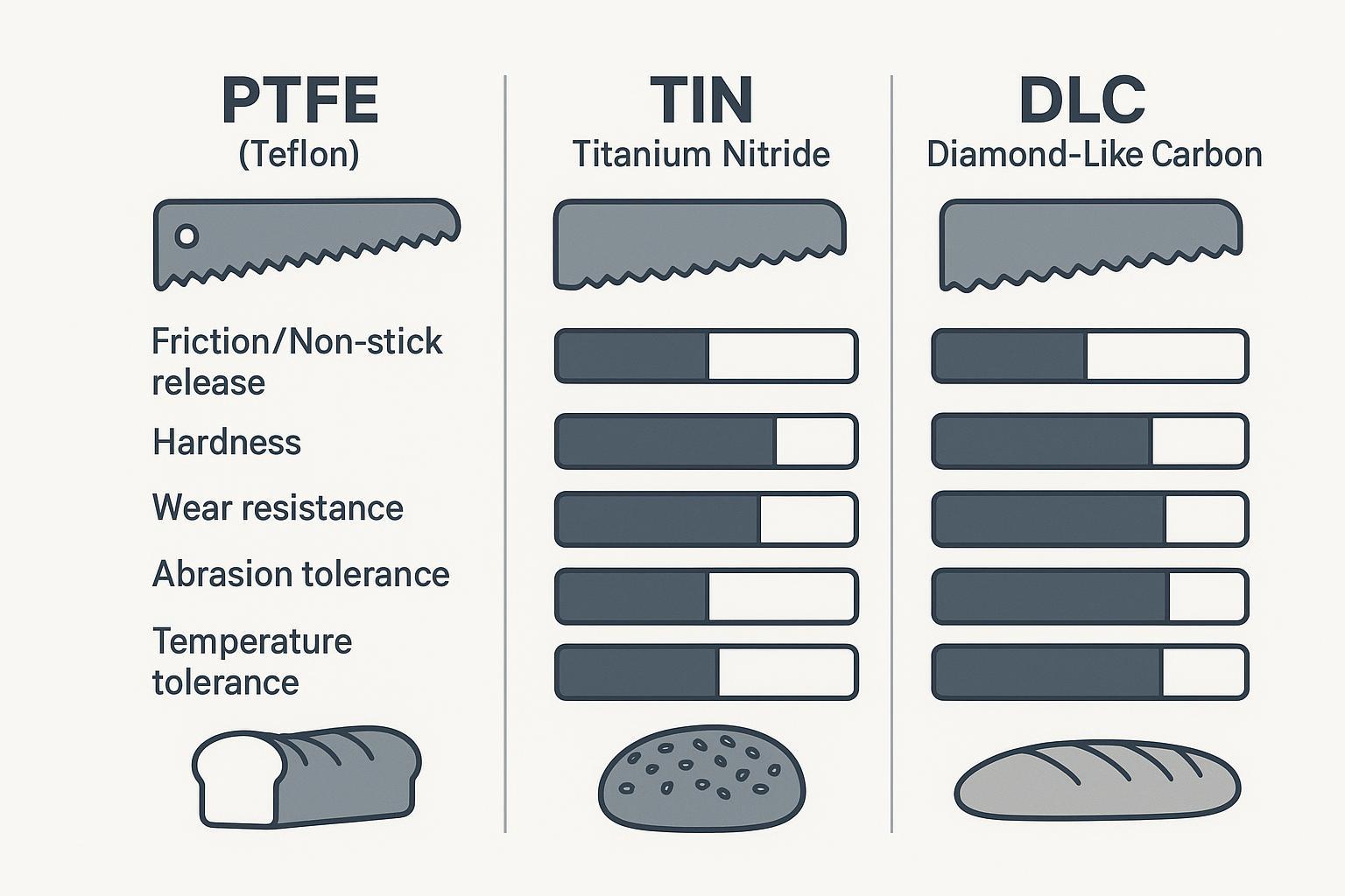 Side-by-side infographic comparing PTFE, TiN, and DLC for friction, hardness, wear resistance, temperature tolerance, and best-use cases in industrial bread slicing.