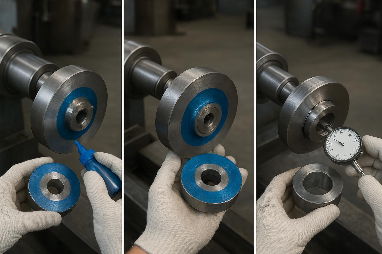 A step-by-step photo sequence showing blue-check contact pattern and dial indicator sweep on the knife hub/edge