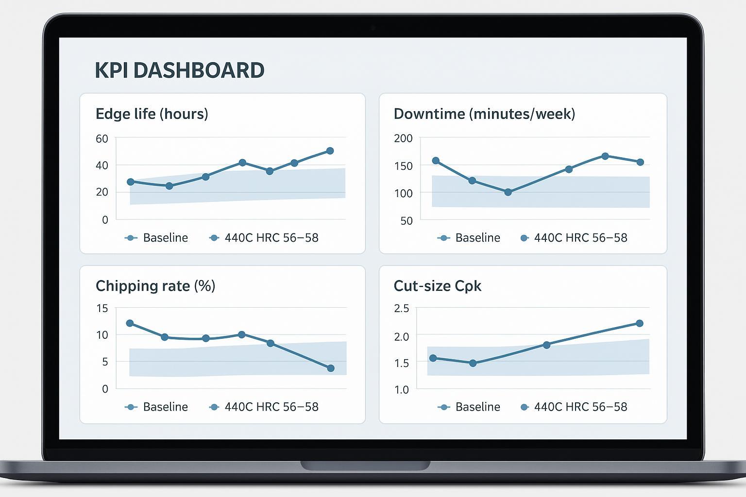 KPI dashboard: before/after edge life, downtime, chipping rate, and cut-size Cpk from plant trials