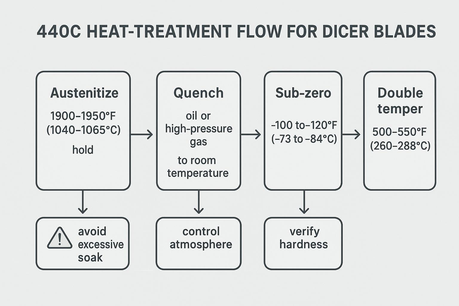 Infographic: 440C heat-treatment flow — austenitize 1900–1950°F, quench, −100 to −120°F sub-zero, double temper 500–550°F