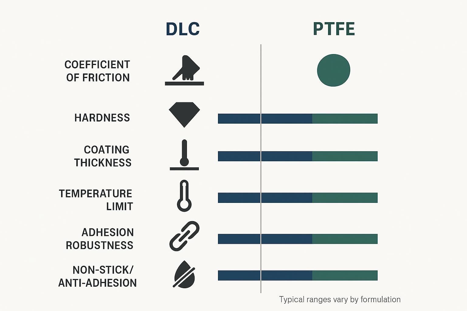 Bar chart comparing lifecycle and downtime differences: DLC vs PTFE scenarios