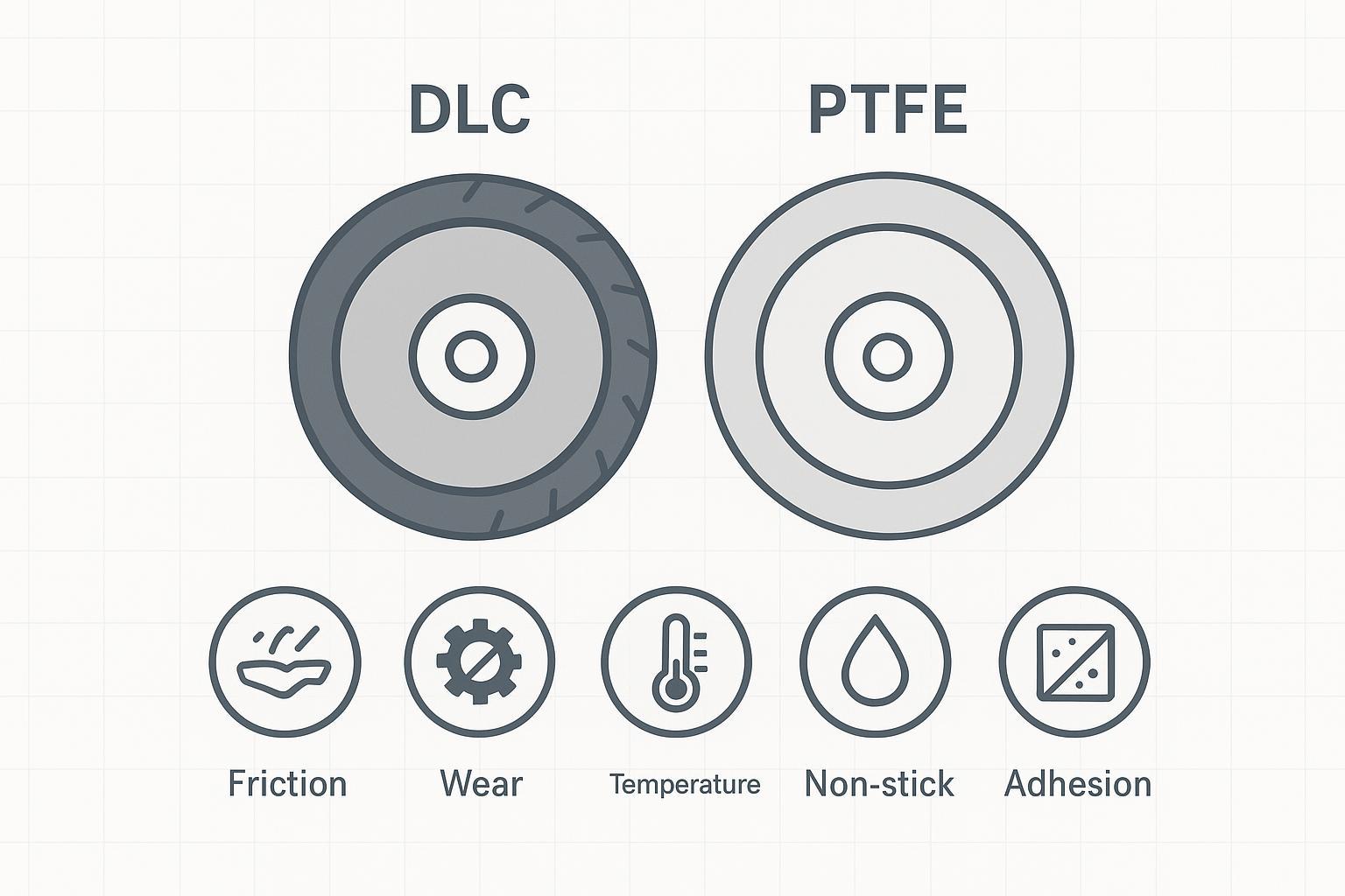 Infographic comparing DLC vs PTFE for slitting blades: friction, hardness, thickness, temperature limit, adhesion, non-stick