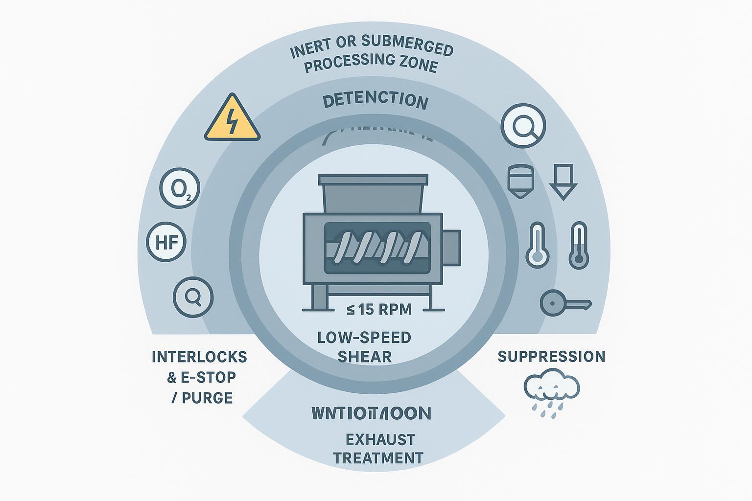 Layered engineering controls diagram for lithium-ion battery shredding: inert/submerged zone, low-RPM shear, sensors, interlocks, mist suppression, and scrubbing