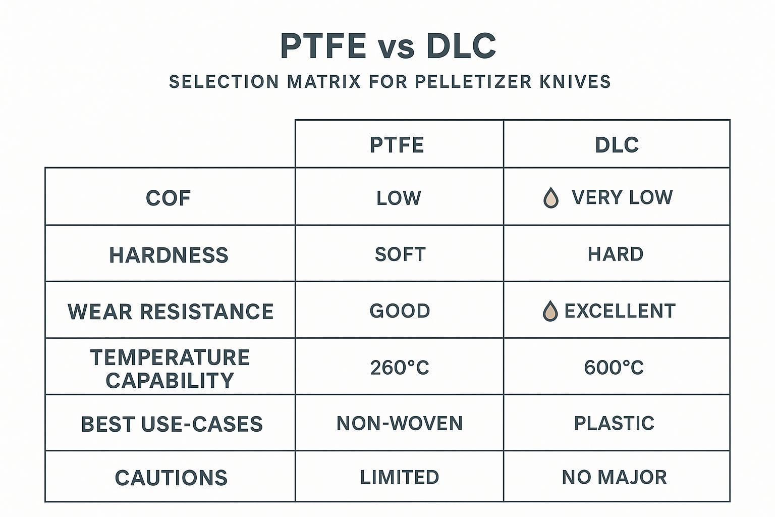 A PTFE vs DLC selection matrix infographic with COF, hardness, wear, and use-case guidance for pelletizer knives