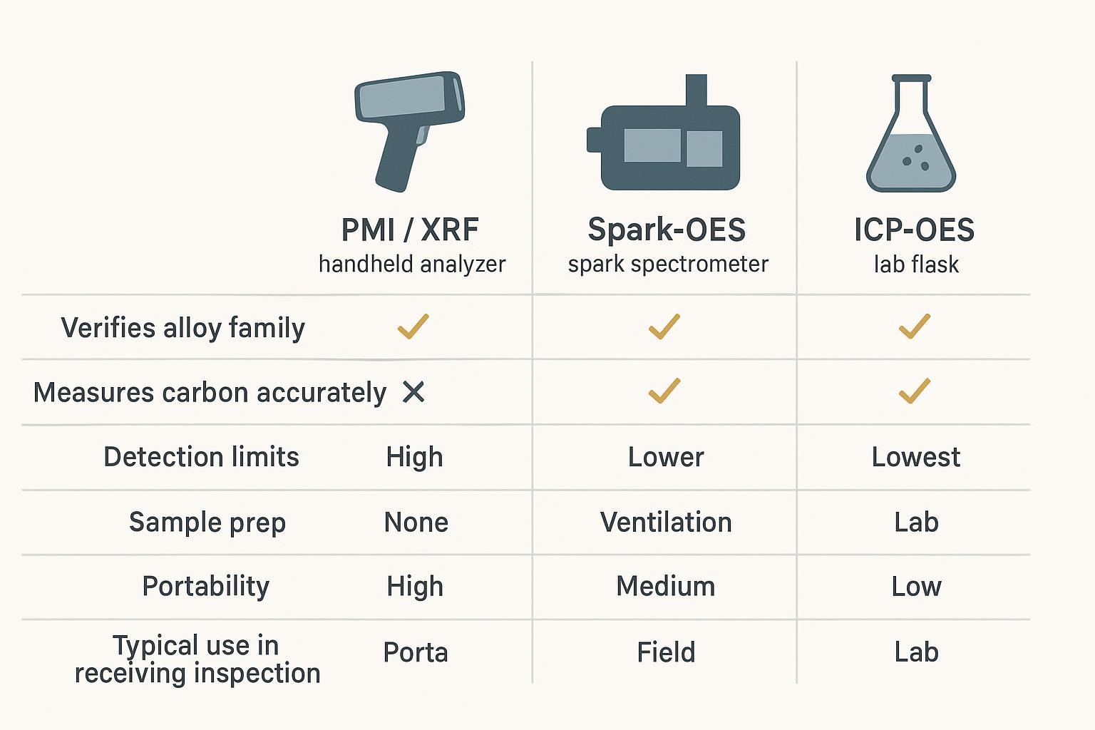 Infographic comparing PMI/XRF vs spark-OES vs ICP-OES for tool steel acceptance