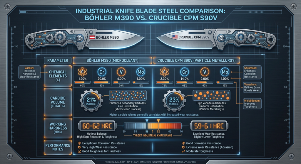 Side-by-side technical comparison table showing chemical composition, carbide volume, and working hardness range for M390 and CPM S90V tool steels