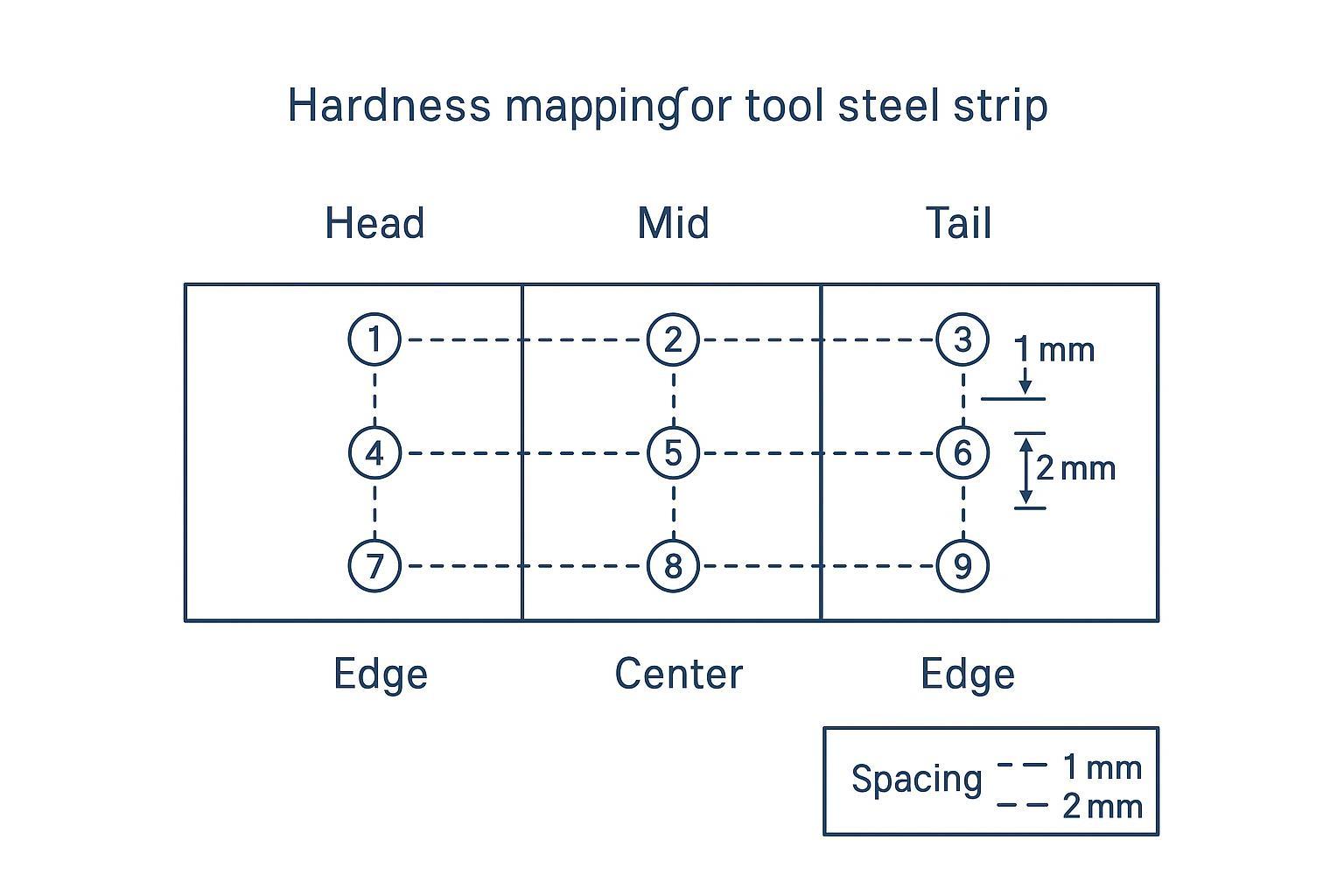 Hardness mapping diagram for strip showing edge–center–edge and head/mid/tail test points