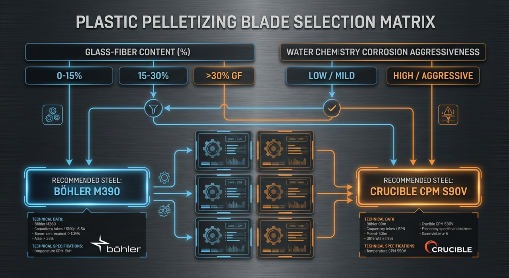 Service-condition selection matrix mapping glass-fiber content and water chemistry to recommended M390 or CPM S90V choices for pelletizing blades