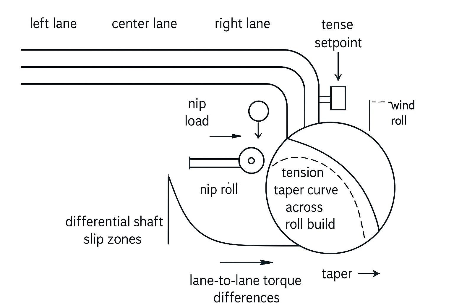 Schematic: differential shaft slip, nip load balance, and tension taper across lanes