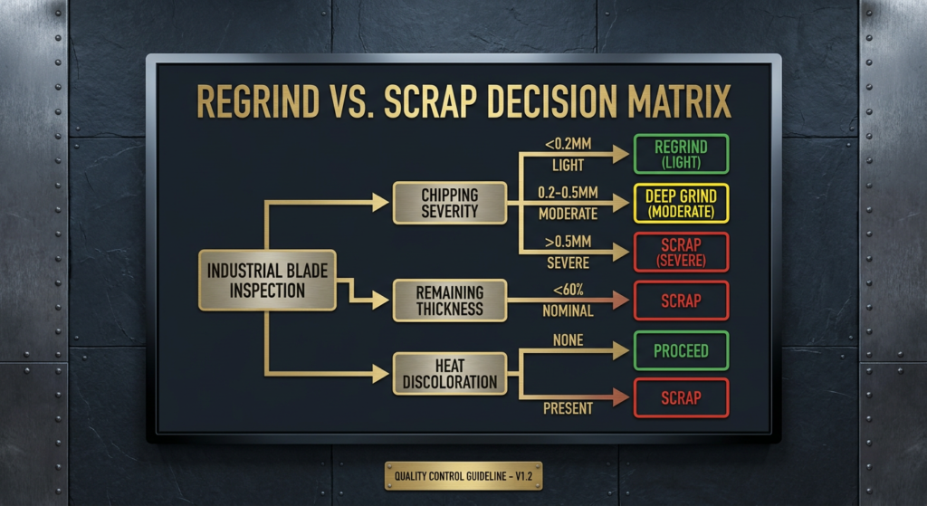 Decision-matrix infographic mapping blade thickness and chipping severity to regrind or scrap actions