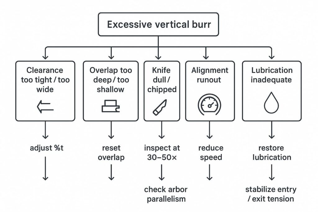 Chart: starting setup windows for clearance, overlap, rake angle, speed, and lubrication by material group