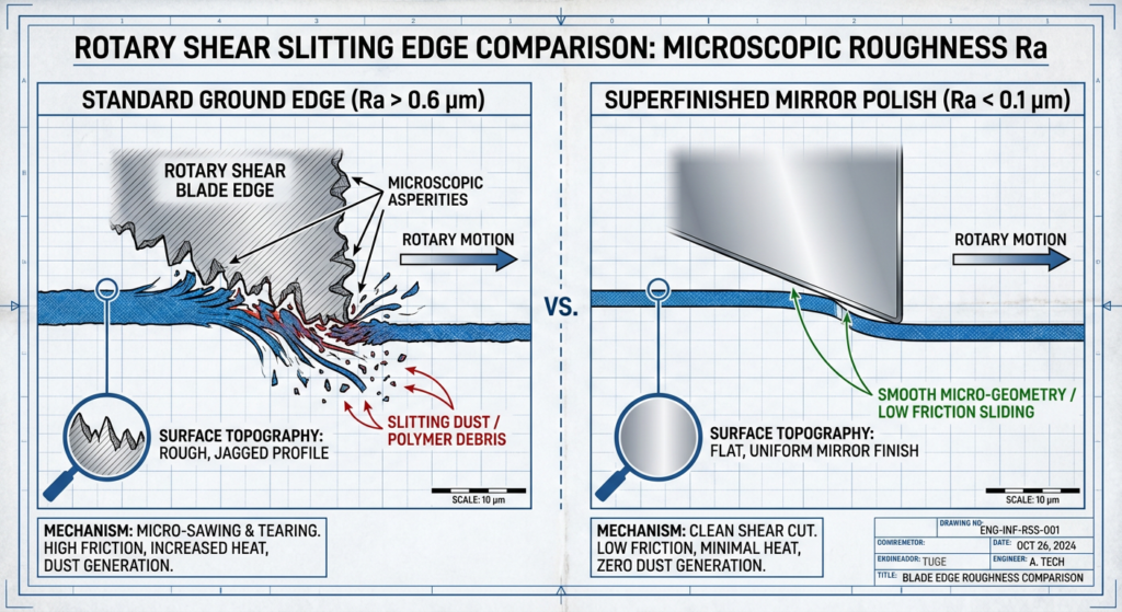 Microscopic contact mechanics comparing rough ground blade flank vs superfinished mirror polish