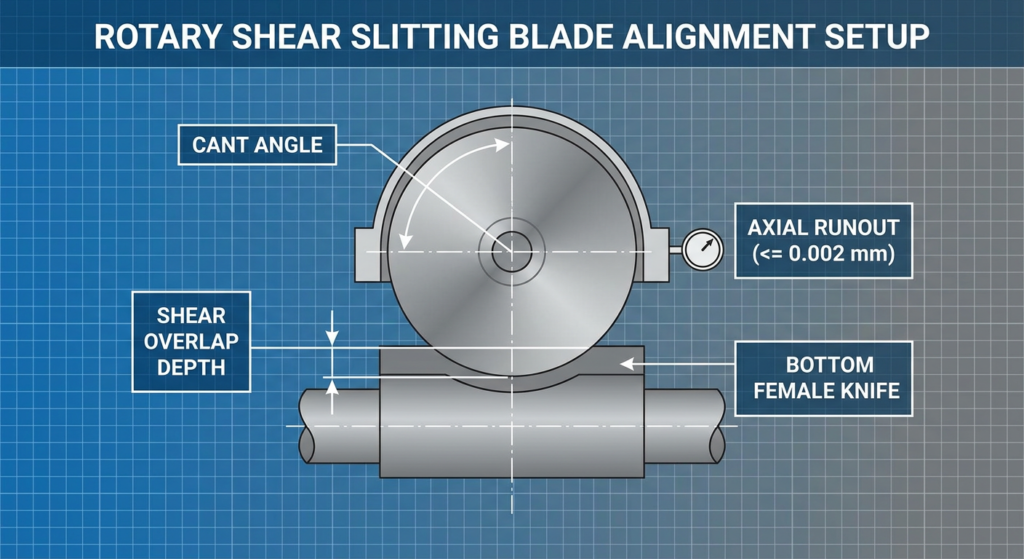 Rotary shear slitting blade alignment setup diagram with cant angle, overlap depth, and axial runout