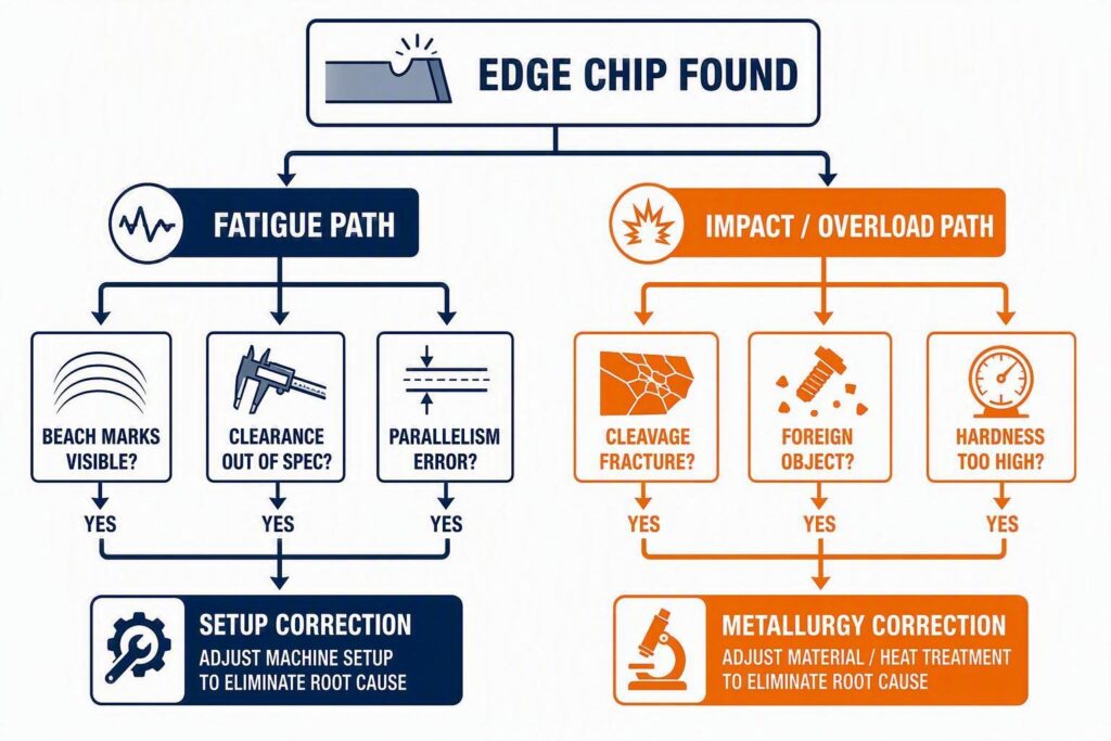 A professional decision tree infographic separating fatigue vs impact fracture paths, with branches leading to clearance/misalignment corrections on one side and hardness/heat treatment corrections on the other