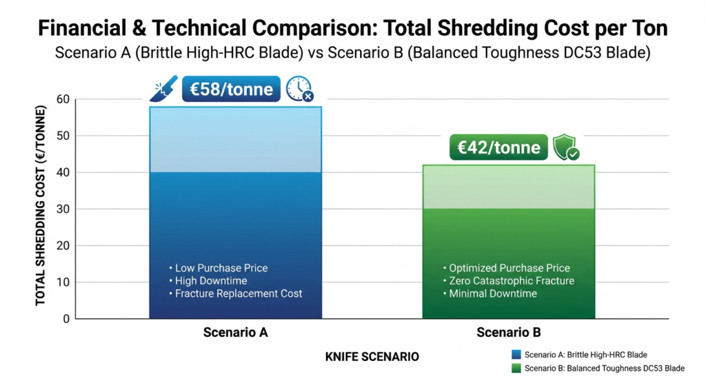 Cost-per-ton comparison bar chart showing two knife scenarios with downtime and replacement costs