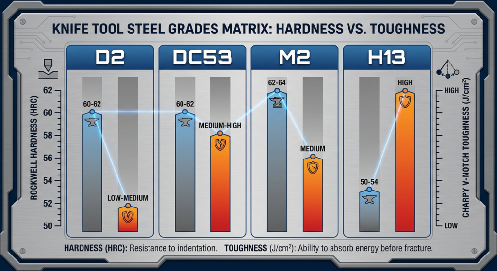 Side-by-side material comparison chart showing D2, DC53, M2, and H13 with HRC ranges and Charpy impact values