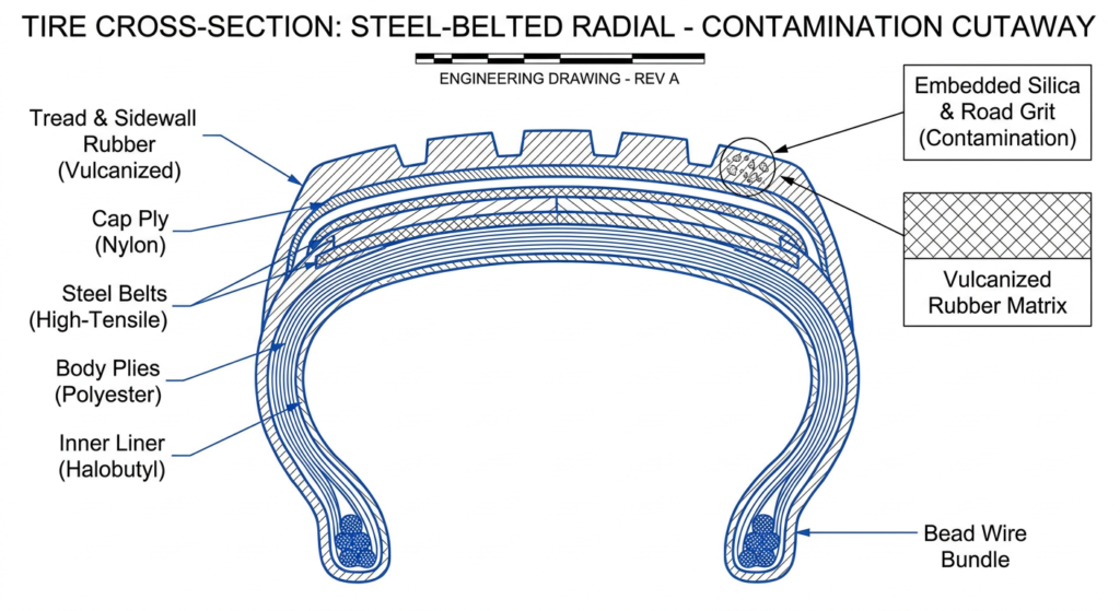 Technical cutaway diagram showing steel belt layers, bead wire, and contamination within a tire cross-section